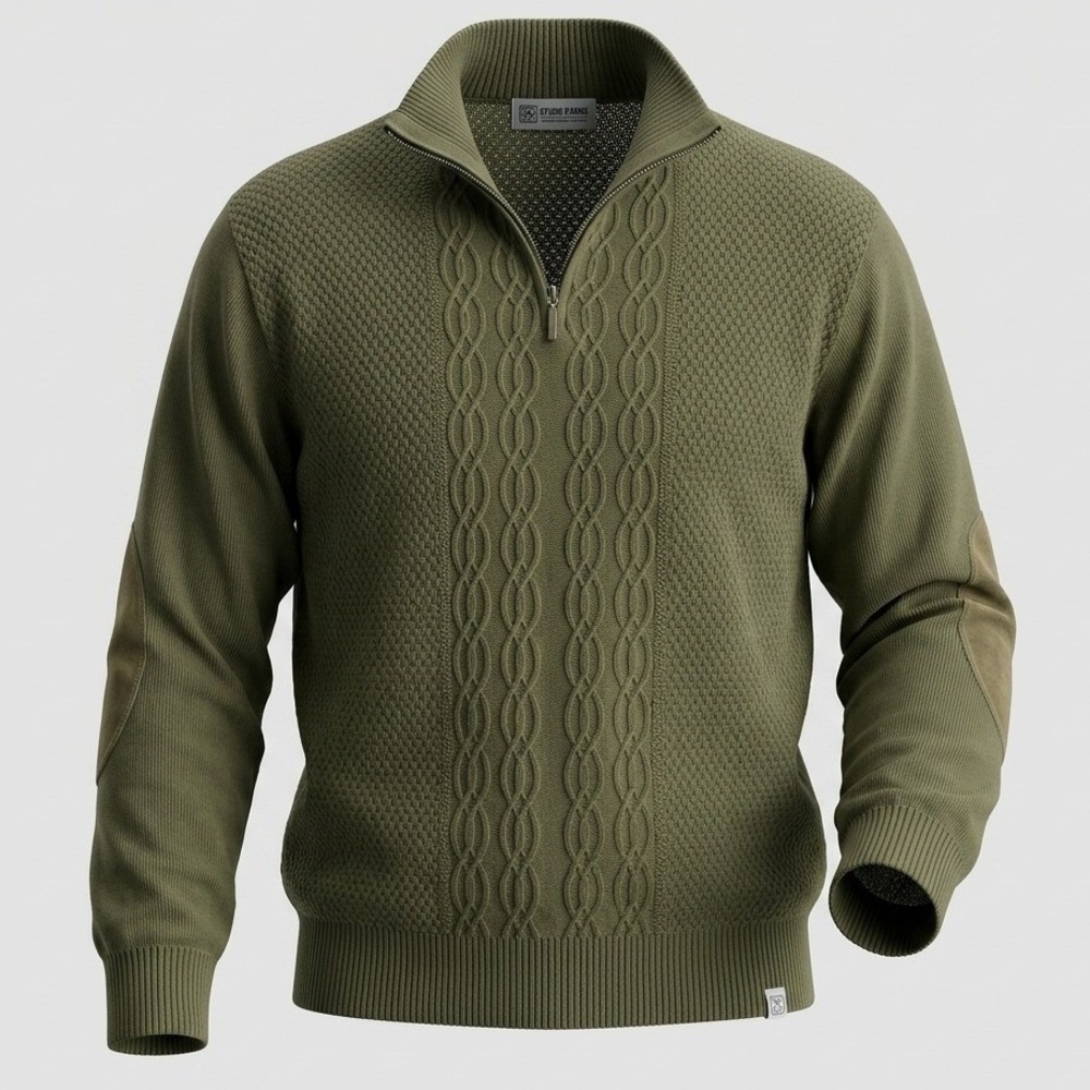 Stacy Adams Sweater Mens Large 1/4 Zip Cable Knit Olive Green Elbow Patch